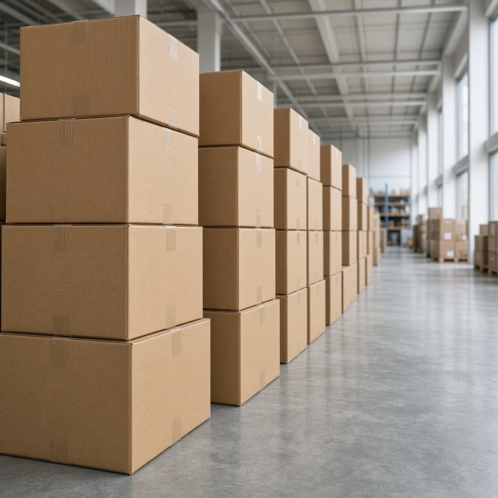 Stacked corrugated cartons in warehouse supply